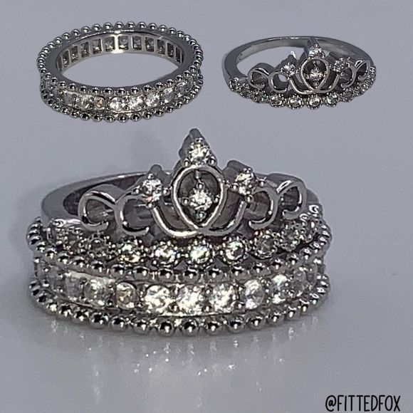 RHINE STONE STACKING RINGS | SET OF 2 | 1 CROWN RING 1 RHINESTONE BAND | SIZE 6 - Picture 1 of 5